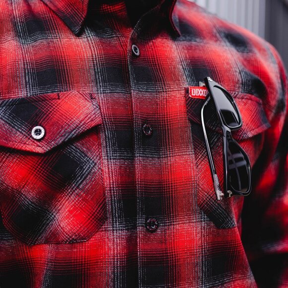 Dixxon Fairview Red Black Plaid Flannel Long Sleeve Shirt - Picture 6 of 10